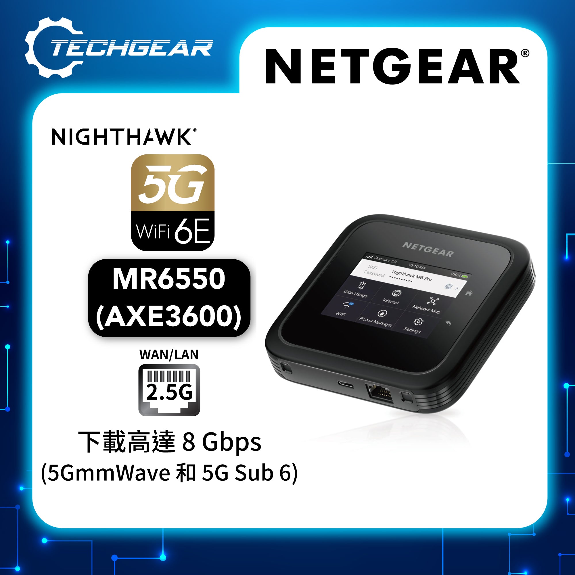 NETGEAR Nighthawk (MR6550) M6 Pro+ 5G mmWave AXE3600 WiFi 6E 流動熱點路由器<br>2.5G LAN | 2.8 吋 LCD