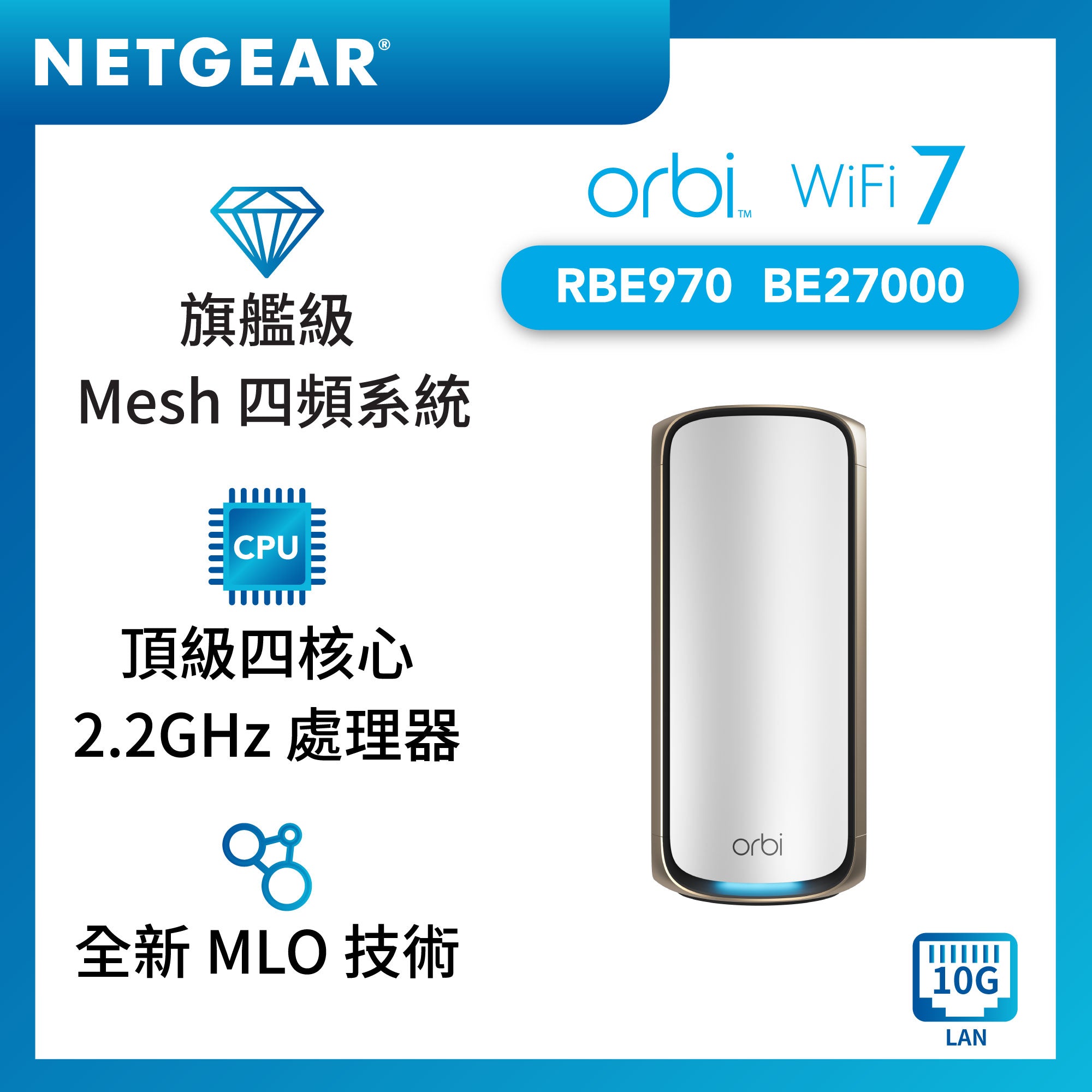 NETGEAR Orbi 970系列四頻WiFi 7 Mesh衛星機 (RBE970)