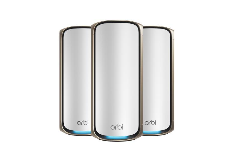 NETGEAR Orbi 970系列四頻WiFi 7Mesh系統，白色，27Gbps (3件裝)，贈送 1年NETGEAR Armor (RBE973S)