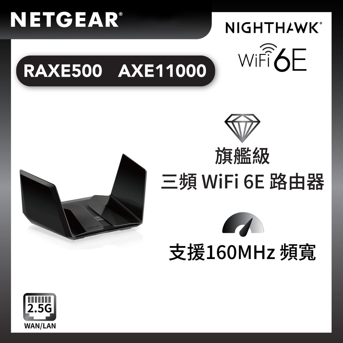 Nighthawk® AXE11000 6GHz Tri-Band WiFi 6E 路由器 (RAXE500)