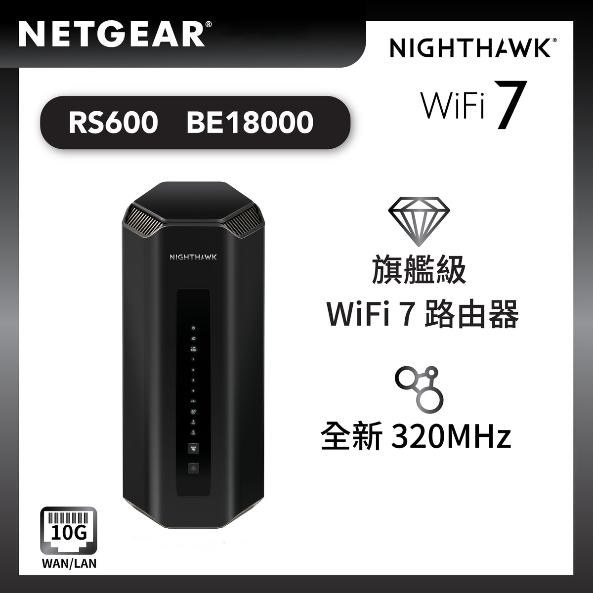 BE18000 無線路由器 (RS600) Nighthawk WiFi 7 三頻路由器 18Gbps | 10 Gig Lan | 支援 10 Gig寬頻