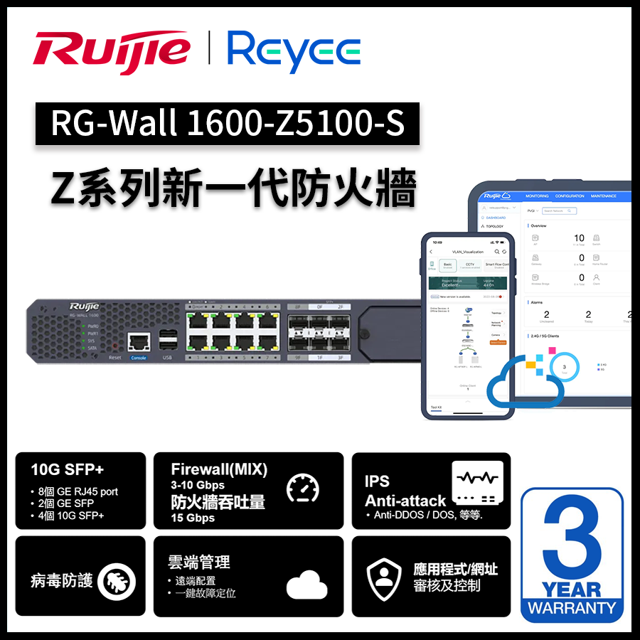 Ruijie Reyee RG-WALL (1600-Z5100-S) Next-Generation Z Series Firewall | 4x10G SFP+ | 8x1G | 2xSFP | Ruijie Cloud