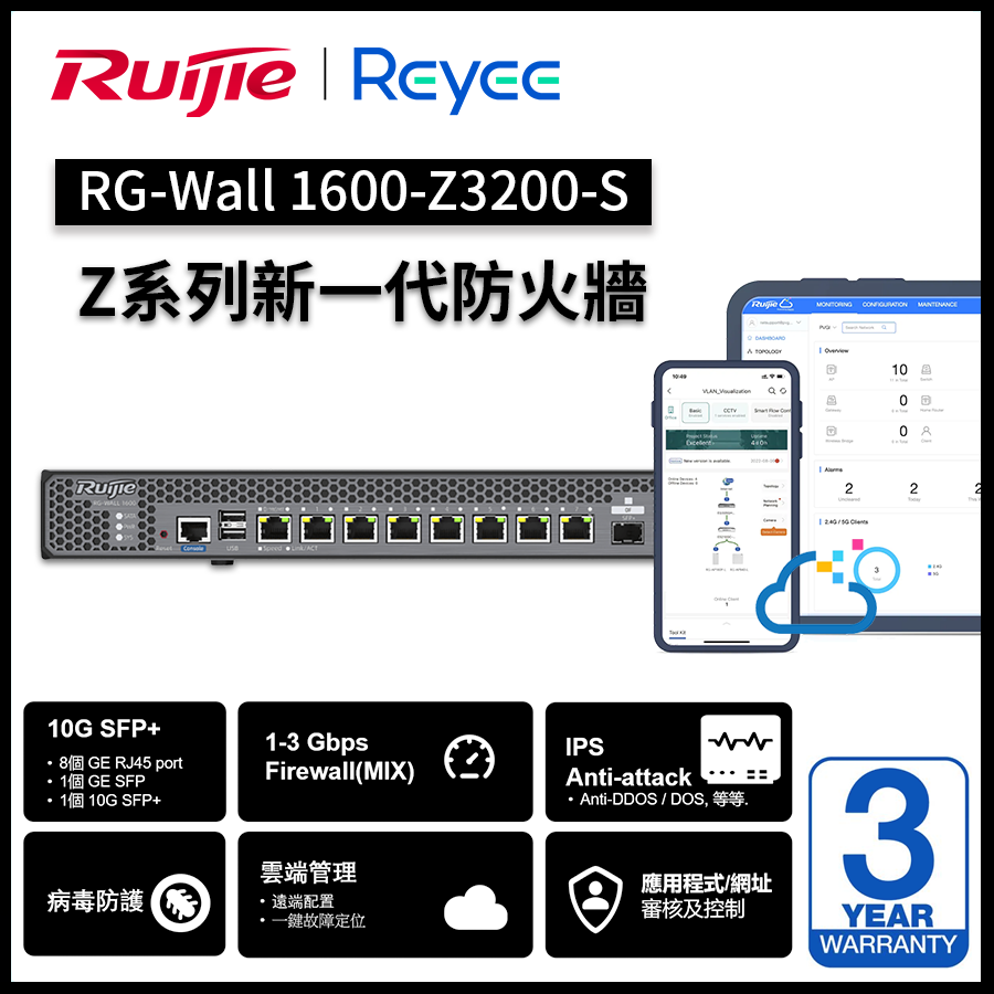 Ruijie Reyee RG-WALL (1600-Z3200-S) Next-Generation Z Series Firewall | 10G SFP+ | 8x1G | 1xSFP | Ruijie Cloud